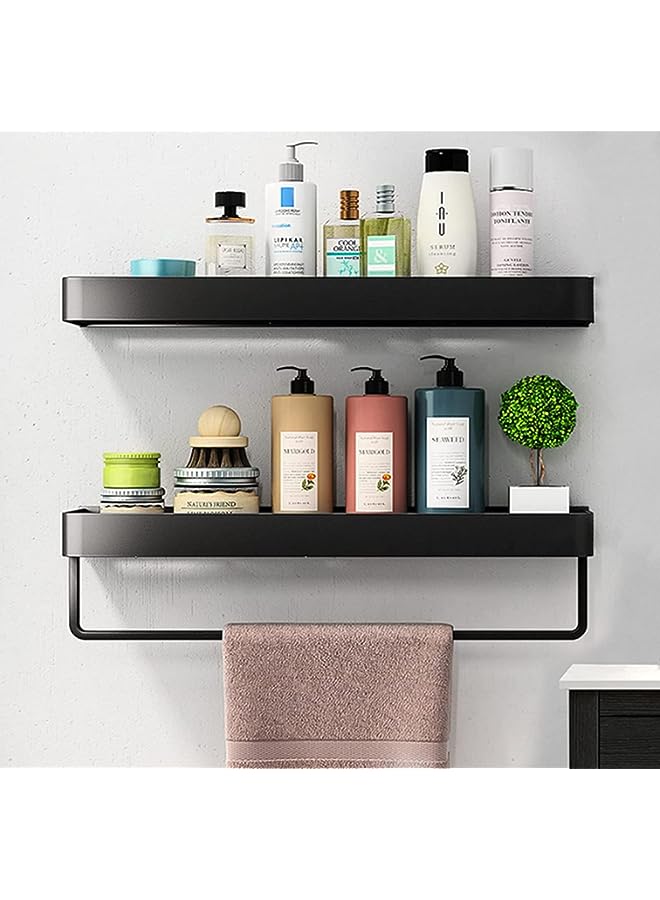 Raxoom Bathroom Shower Caddy Organizer Shelf Rack, 15.7inch Bathroom Shelf with Towel Bar, Wall Mounted Bathroom Storage Floating Shelves with 5 Hooks, Adhesive Shelves for Bathroom Kitchen Restroom - Image 1