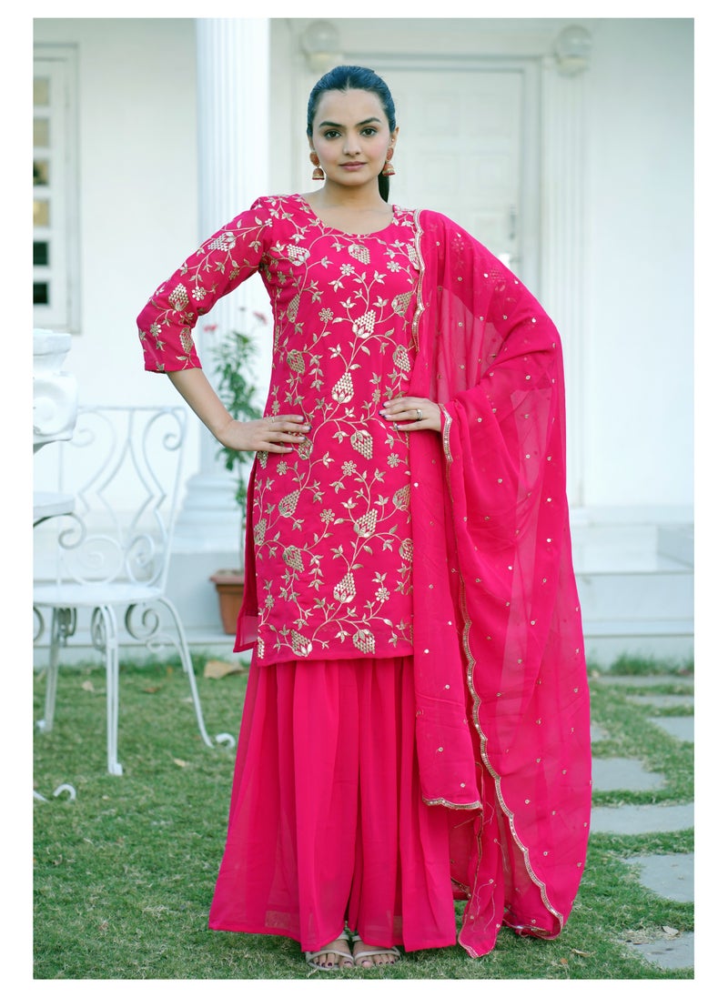 Super Asian Designer Fox Georgette Sharara Suit with Sequence Embroidery, Micro Inner, and 2.2m Dupatta  - Image 1