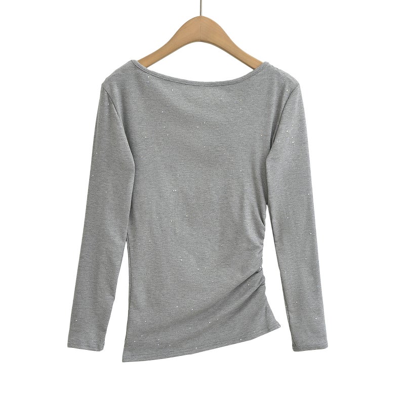 Saw Independent Station Autumn American Pure Desire Star Drilling Oblique Shoulder Open Shoulder Pleated Long Sleeve T-Shirt - Image 4