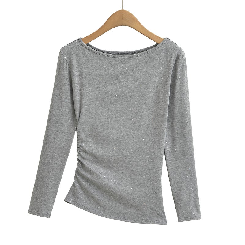 Saw Independent Station Autumn American Pure Desire Star Drilling Oblique Shoulder Open Shoulder Pleated Long Sleeve T-Shirt - Image 3