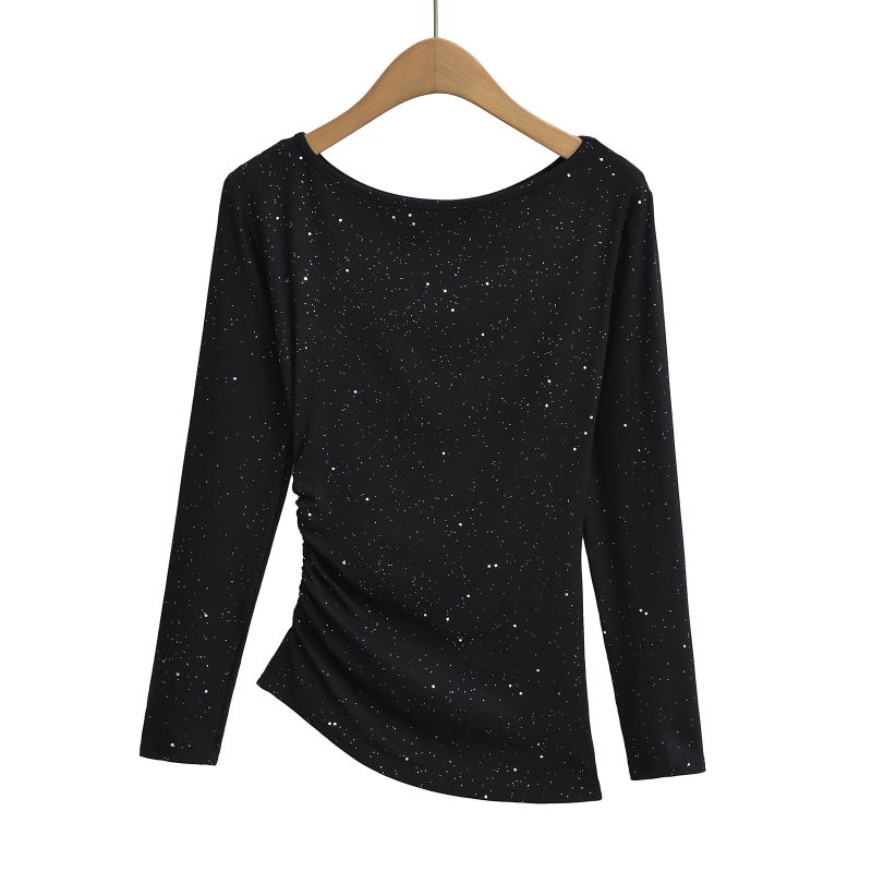 Saw Independent Station Autumn American Pure Desire Star Drilling Oblique Shoulder Open Shoulder Pleated Long Sleeve T-Shirt - Image 1