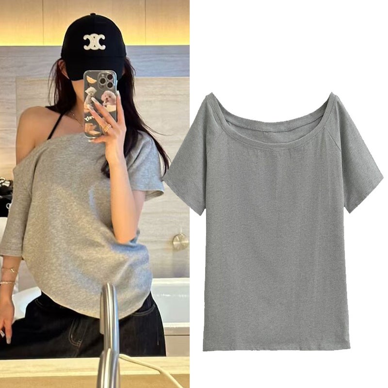 Saw Independent Station Autumn American Pure Desire Star Drilling Oblique Shoulder Open Shoulder Pleated Long Sleeve T-Shirt - Image 2