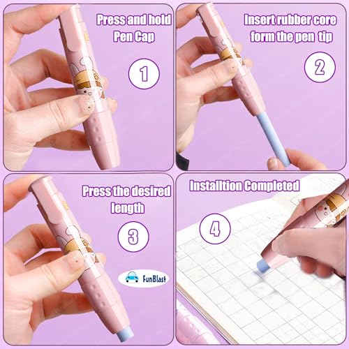 FunBlast Pen Erasers – Retractable Eraser, Novelty Eraser Pen Shaped, Press Mechanical Rubbers with 2 Pcs Refill Erasers for Kids Students, Stationery Gift for Kids, Return Gift (Pink) - Image 2