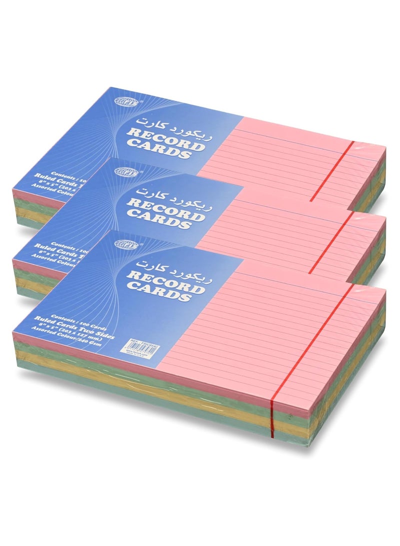 FIS® Ruled Record Cards or Index Cards, Size:8"x5" Inches (203x127mm), Two Sides Single Ruled, 240gsm, 100 Sheets Per Packet, Packet of 3 Pieces, 4 Assorted Colors-FSIC854C-3 - Image 1