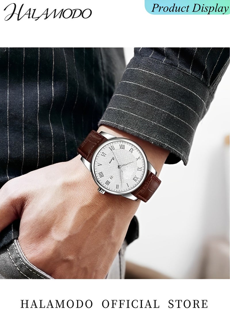 هالامودو ساعات يد رجالية رجالية كوارتز كوارتز مع قرص عدّاد بالرقم الروماني وسوار جلدي ساعات تناظرية كاجوال مقاومة للماء - Image 3