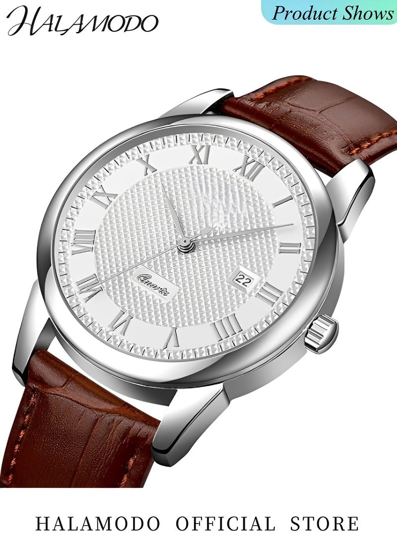 هالامودو ساعات يد رجالية رجالية كوارتز كوارتز مع قرص عدّاد بالرقم الروماني وسوار جلدي ساعات تناظرية كاجوال مقاومة للماء - Image 2