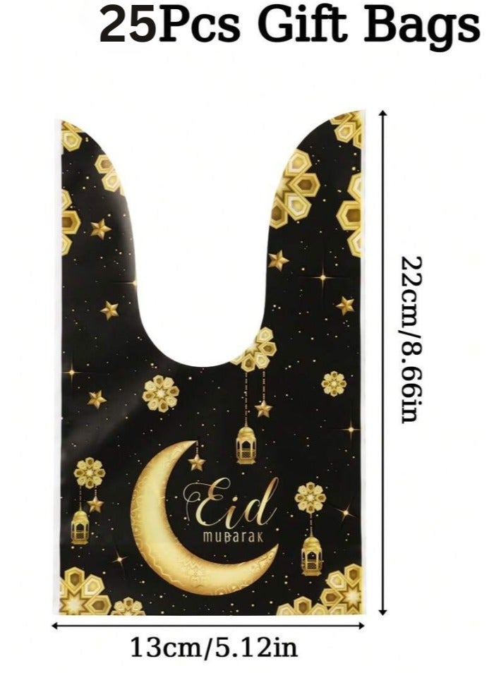 توزيعات العيد 25 قطعة من أكياس هدايا توزيعات العيد بعبارة " عيد مبارك" بتصميم هلال ونجوم، 25 قطعة لتغليف الحلويات والهدايا. - Image 2