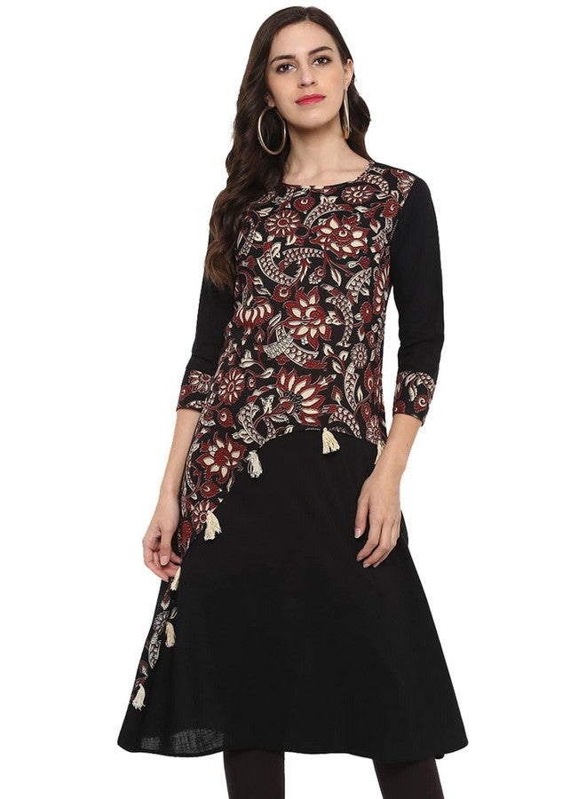 Yash Gallery Women's Cotton Slub Floral Printed A-Line Kurta for Women (126YK240BLACK_Black_XXXXX-Large) - Image 1