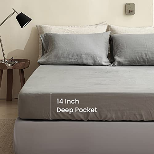 King Linens 100% Linen Fitted Sheet Stone Washed Solid Color - (1 Piece) 14 inch Deep Pocket Mattress Cover Soft Natural Breathable Farmhouse - Ultimate Gray, Full Size - Image 4