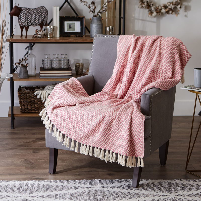 DII Modern Zig Zag Throw Blanket Woven Cotton, Hand-Knotted 2.5" Fringe, 50x60, Blush Pink - Image 5