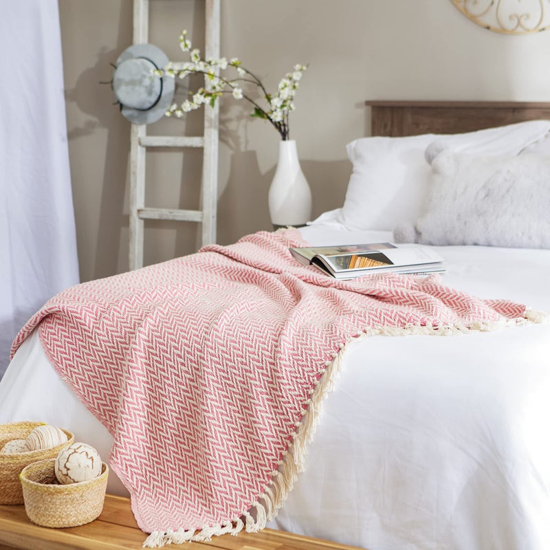 DII Modern Zig Zag Throw Blanket Woven Cotton, Hand-Knotted 2.5" Fringe, 50x60, Blush Pink - Image 4