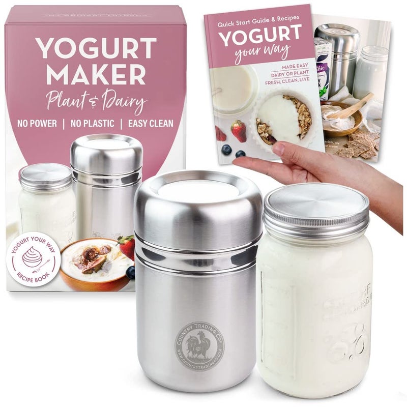 Country Trading Co. Stainless Steel Yogurt Maker with 1 Quart Glass Jar and Complete Recipe Book to Make 12+ Easy Homemade Dairy Free and Milk Yogurts - Image 1