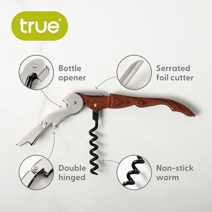 Truetap Double Hinged Waiter's Corkscrew Wine Opener, Stainless Steel Wine Bottle Opener with Built In Foil Cutter, Home Bar Tools, Bar Cart Accessories, Wedding Gifts, Set of 1, Natural - Image 5