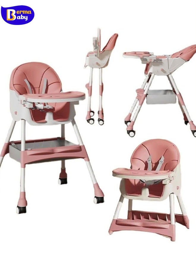 Berma Baby - Baby High Chair, 4-in-1 High Chairs for Babies and Toddlers with 5-Point Safety Harness, Foldable High Chair for Space-Saving, Adjustable Dining Tray, Backrest & Height, Easy to Clean Surface (Pink) - Image 1