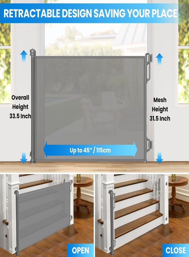 SPACEANY Retractable Safety Baby Gate or Mesh Dog Gate,Durable Portable Mesh Retractable Gate,Easy to Use for Stairs, Doorways, Hallways, Indoor, Outdoor, 33.5" Tall, Up to 45" Wide, Gray - Image 2
