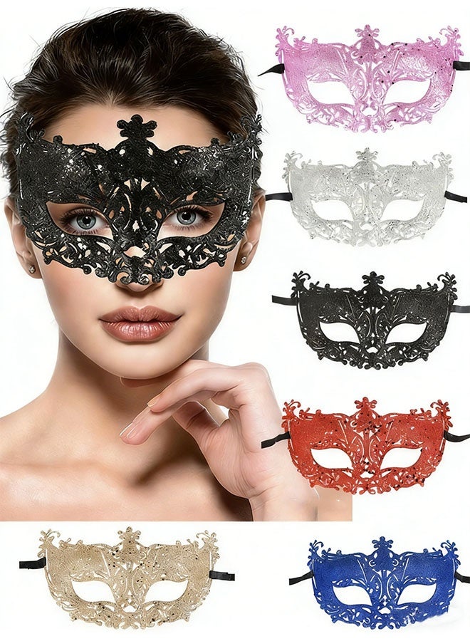 Happy D 5-piece set of women's eye masks, masquerade ball masks, Venetian masks, suitable for carnival parties and costume balls, in gold, black, silver, blue, pink, and red - Image 1