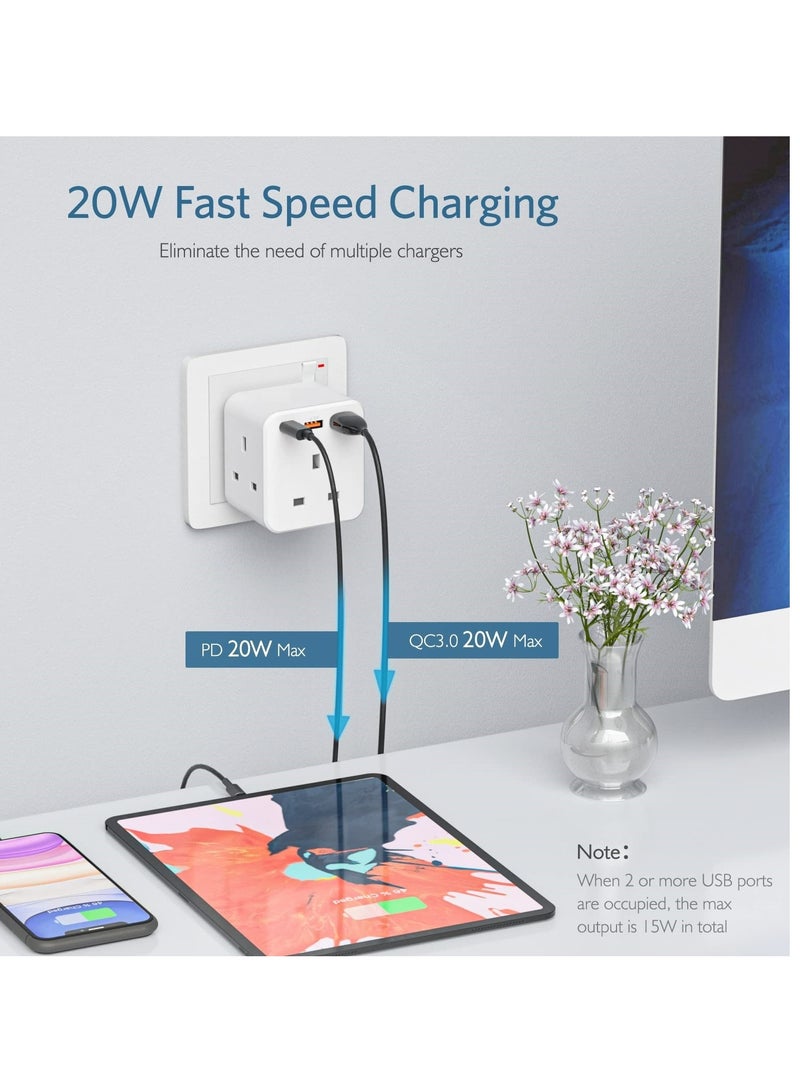 Multi Plug Extension, 3 Way 3 Plugs Socket adapter, 6-in-1 Cube Electrical Extender Outlet Adaptor, PDQC 3.0 20W USB Wall Charger, Plug Expander for Home, Office, Kitchen, 13A 3250W  - Image 2