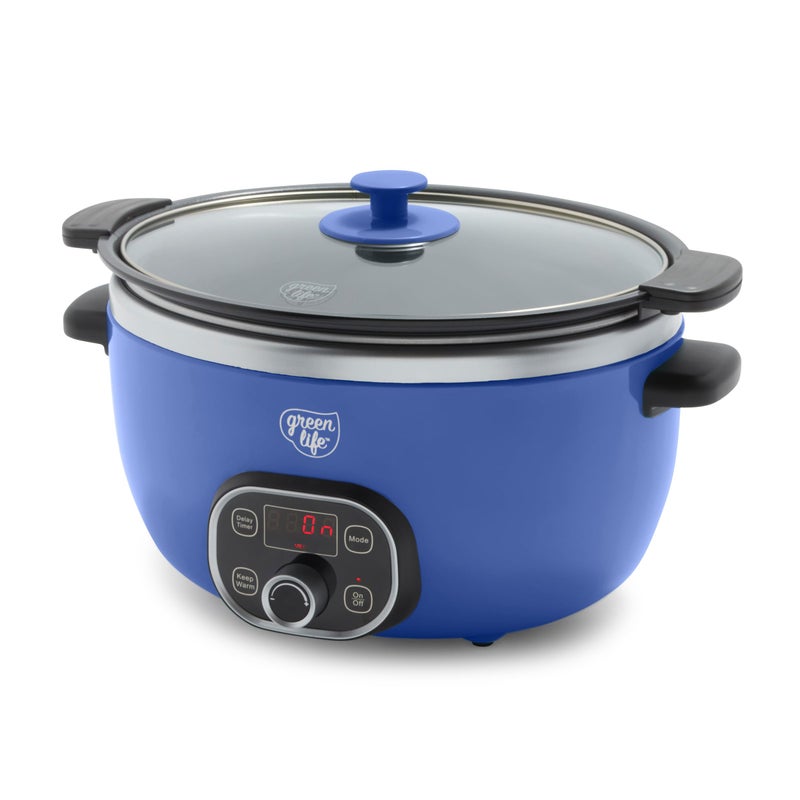 GreenLife طباخ بطيء GreenLife سعة 6QT، وعاء داخلي قابل للإزالة غير سام وخالي من PFAS، قابل للبرمجة، مناسب للعائلة، وظيفة الاحتفاظ بالحرارة، آمن للاستخدام على الموقد وفي الفرن، آمن في غسالة الصحون، مزود بمؤقت، غطاء زجاجي، أزرق - Image 1