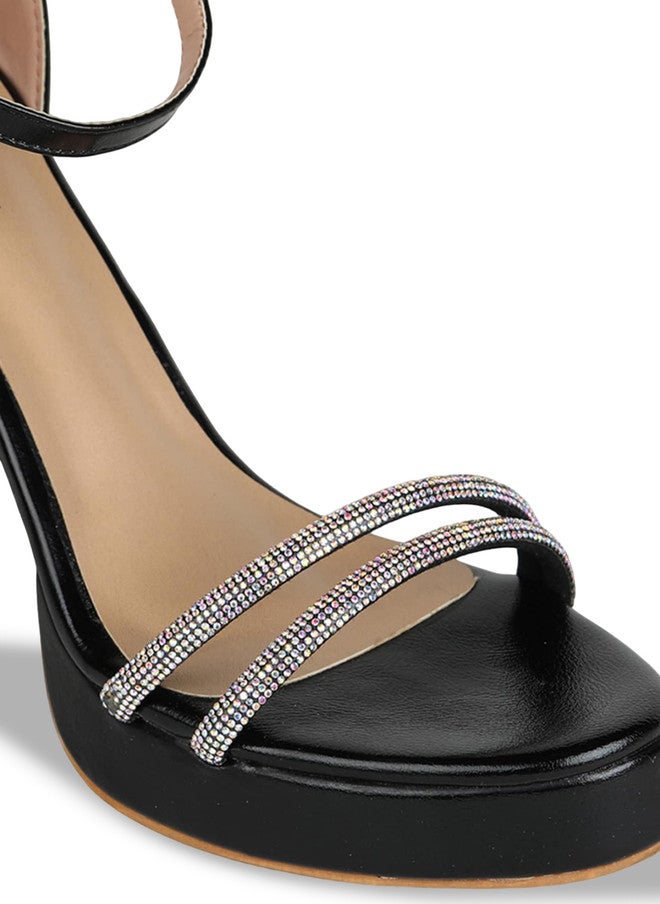 She Zone كعب كتلة مزخرف باللون الأسود للنساء - Image 5