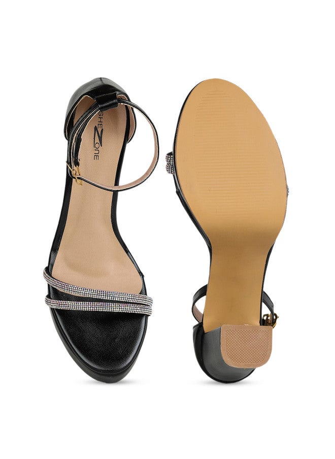 She Zone كعب كتلة مزخرف باللون الأسود للنساء - Image 4