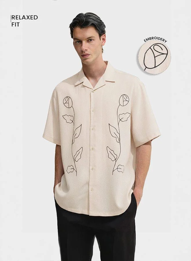 The Indian Garage Co Men Relaxed Fit Embroided Round Neck Half Sleeves Shirt