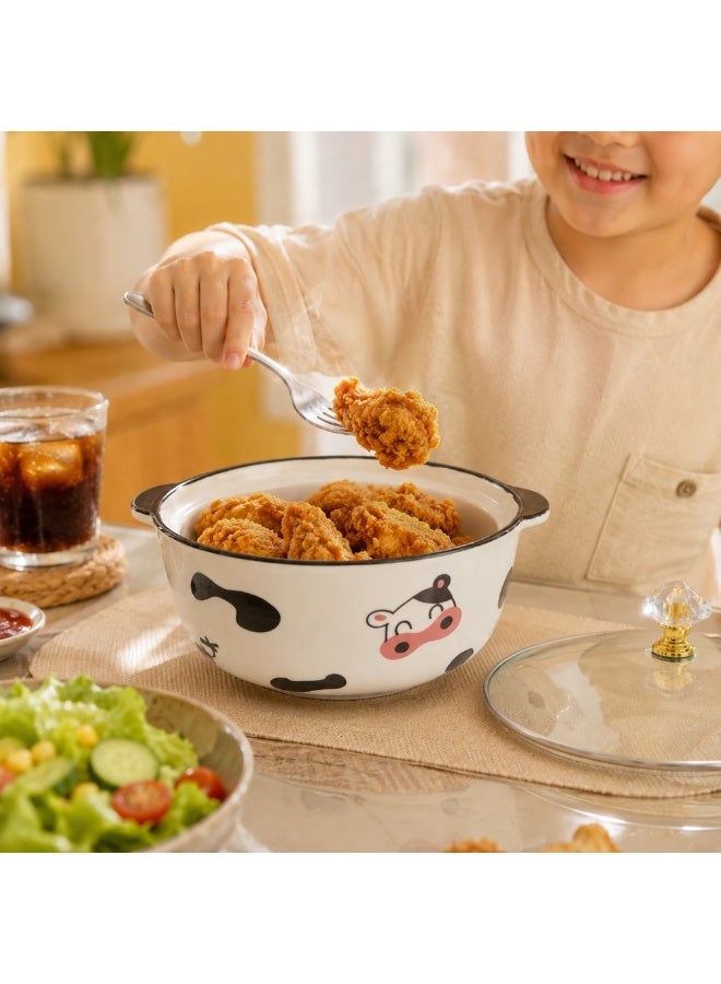 وعاء تقديم سيراميكي أبيض مع غطاء – وعاء حليب وحبوب إفطار بتصميم بقرة لطيف، آمن للاستخدام في الميكروويف ومقاوم للحرارة، ويُستخدم كطبق طاجن متعدد الاستخدامات للمطبخ. مناسب لتقديم الكاري، والأرز، والشوربة، والحليب، والحبوب، كما يتميز بتصميم لطيف مثالي للأطفال للاستخدام اليومي في التقديم والطعام. - Image 3