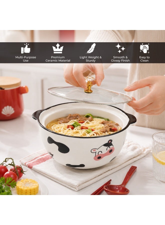وعاء تقديم سيراميكي أبيض مع غطاء – وعاء حليب وحبوب إفطار بتصميم بقرة لطيف، آمن للاستخدام في الميكروويف ومقاوم للحرارة، ويُستخدم كطبق طاجن متعدد الاستخدامات للمطبخ. مناسب لتقديم الكاري، والأرز، والشوربة، والحليب، والحبوب، كما يتميز بتصميم لطيف مثالي للأطفال للاستخدام اليومي في التقديم والطعام. - Image 4