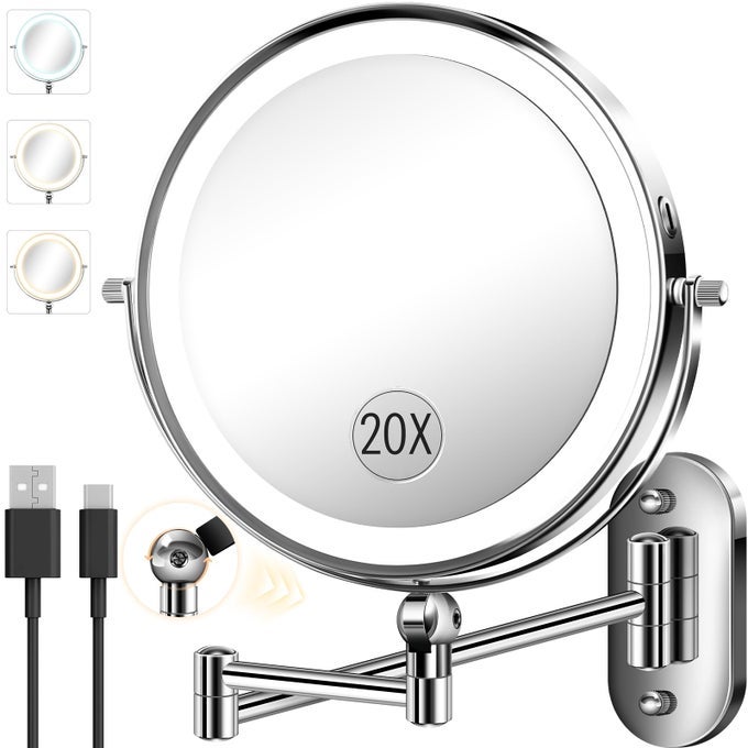 9 WALL MOUNTED MAKEUP MIRROR WITH LIGHT 20X1X HEIGHT ADJUSTABLE DOUBLE SIDED MAGNIFYING BATHROOM LIGHTED MIRROR 3 COLOR TOUCH DIMMABLE EXTENDED ARM 360 ROTATION LIGHT UP MAGNIFICATION MIRRORS