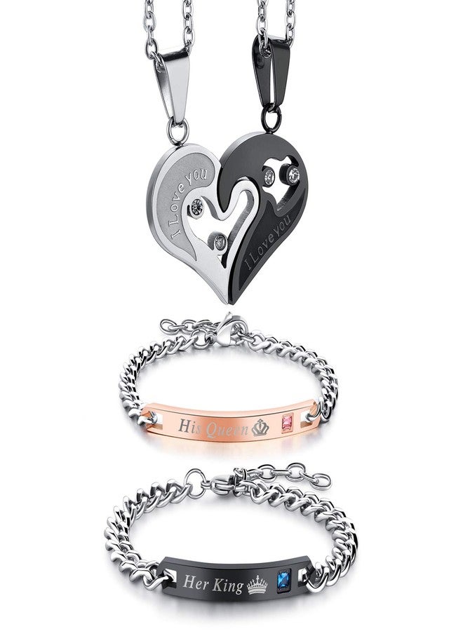 Cupimatch 2 Pairs Couple Matching Necklace Bracelets, Adjustable Stainless Steel I Love You Heart Puzzle Necklace His and Hers Bracelets Her King His Queen CZ Bangle Jewelry for Valentine's Day - Image 1