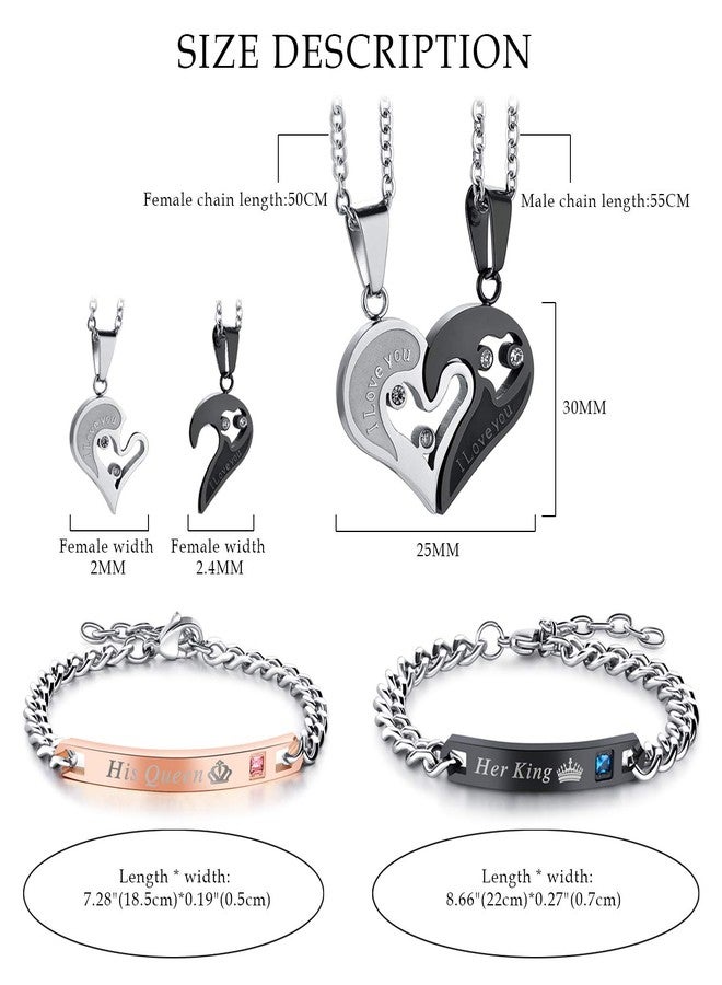 Cupimatch 2 Pairs Couple Matching Necklace Bracelets, Adjustable Stainless Steel I Love You Heart Puzzle Necklace His and Hers Bracelets Her King His Queen CZ Bangle Jewelry for Valentine's Day - Image 2