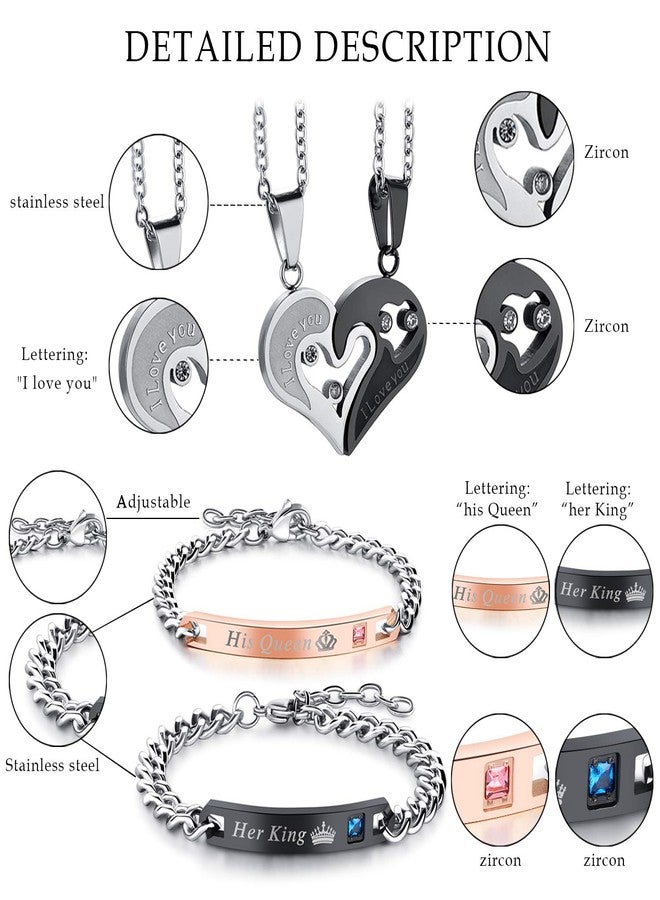 Cupimatch 2 Pairs Couple Matching Necklace Bracelets, Adjustable Stainless Steel I Love You Heart Puzzle Necklace His and Hers Bracelets Her King His Queen CZ Bangle Jewelry for Valentine's Day - Image 4
