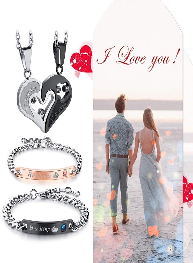 Cupimatch 2 Pairs Couple Matching Necklace Bracelets, Adjustable Stainless Steel I Love You Heart Puzzle Necklace His and Hers Bracelets Her King His Queen CZ Bangle Jewelry for Valentine's Day - Image 3