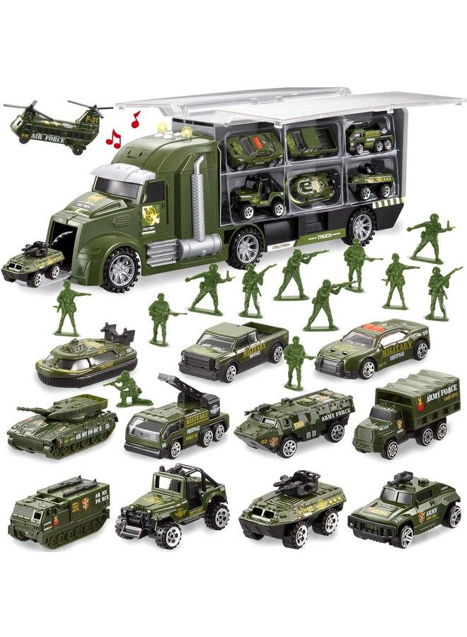 JOYIN 25 In 1 Green Military Big Truck Toys, Army Men Toys, Army Tanks Set With Soldier Men, Mini Battle Car Toy In Carrier Truck With Lights And Sounds, Gifts For Toddler Kids Boys Ages 3+ - Image 2