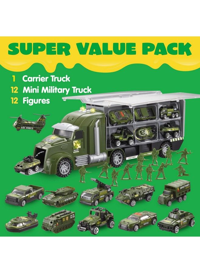 JOYIN 25 In 1 Green Military Big Truck Toys, Army Men Toys, Army Tanks Set With Soldier Men, Mini Battle Car Toy In Carrier Truck With Lights And Sounds, Gifts For Toddler Kids Boys Ages 3+ - Image 3