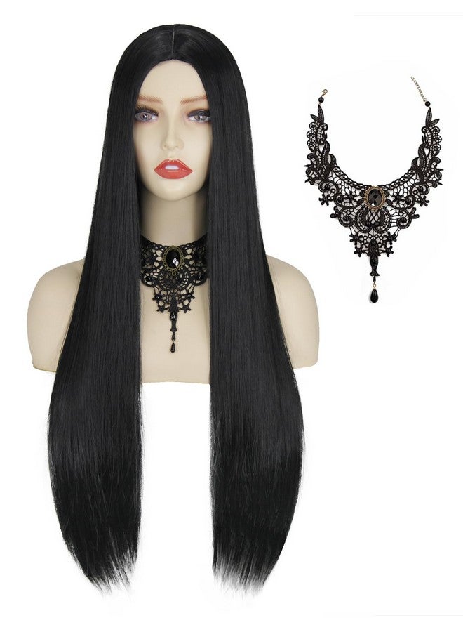 FOVER FOVER Black Wigs for Gothic Costume Women Halloween Costume Long Black Wig with Necklace Natural Cute Straight Wigs for Halloween Witch Costume FE029BK  - Image 1