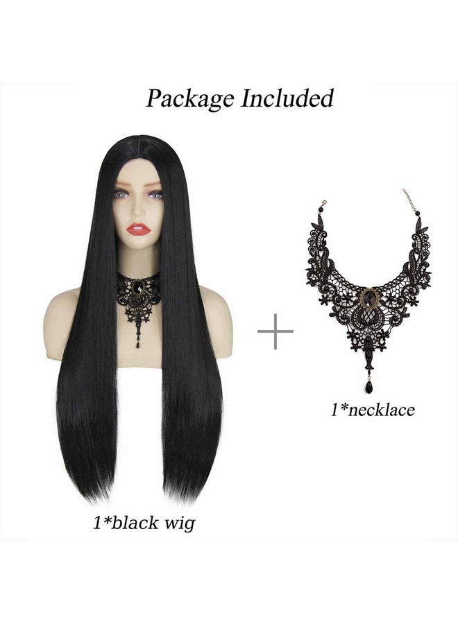 FOVER FOVER Black Wigs for Gothic Costume Women Halloween Costume Long Black Wig with Necklace Natural Cute Straight Wigs for Halloween Witch Costume FE029BK  - Image 2