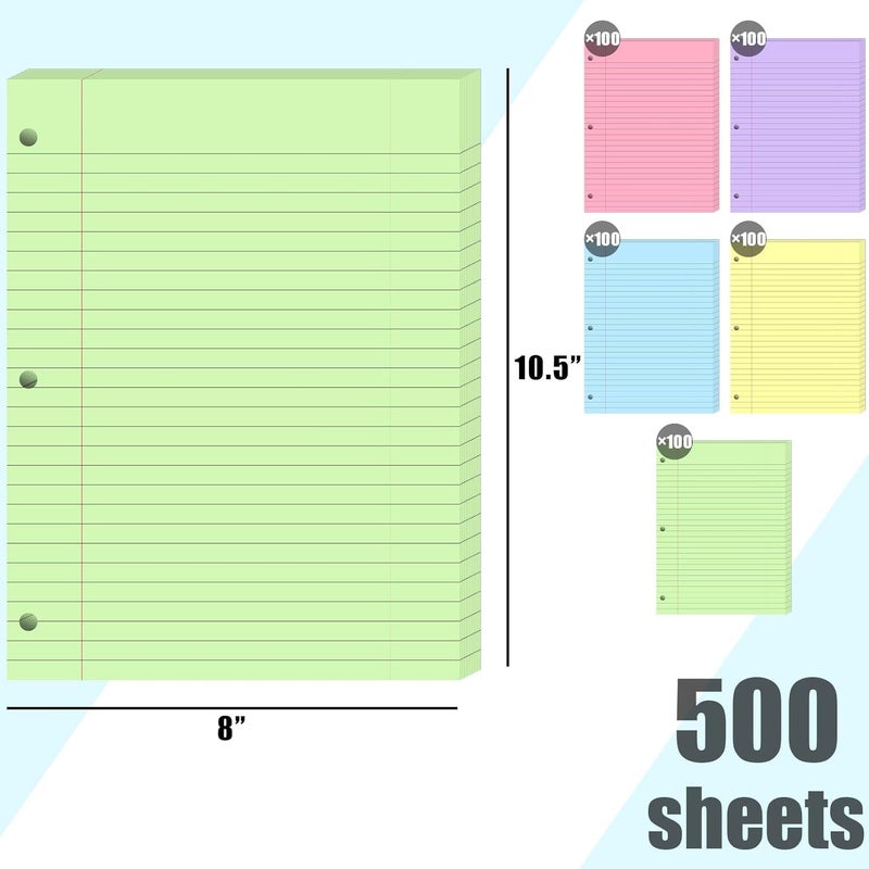 Koogel 500 Sheets Colored Filler Paper, 5 Colors 8 x 10-1/2 Inch Wide Ruled, 3-Hole Punched, Loose Leaf Notebook Paper for 3 Ring Binders, for Students & Office, School Supplies - Image 5