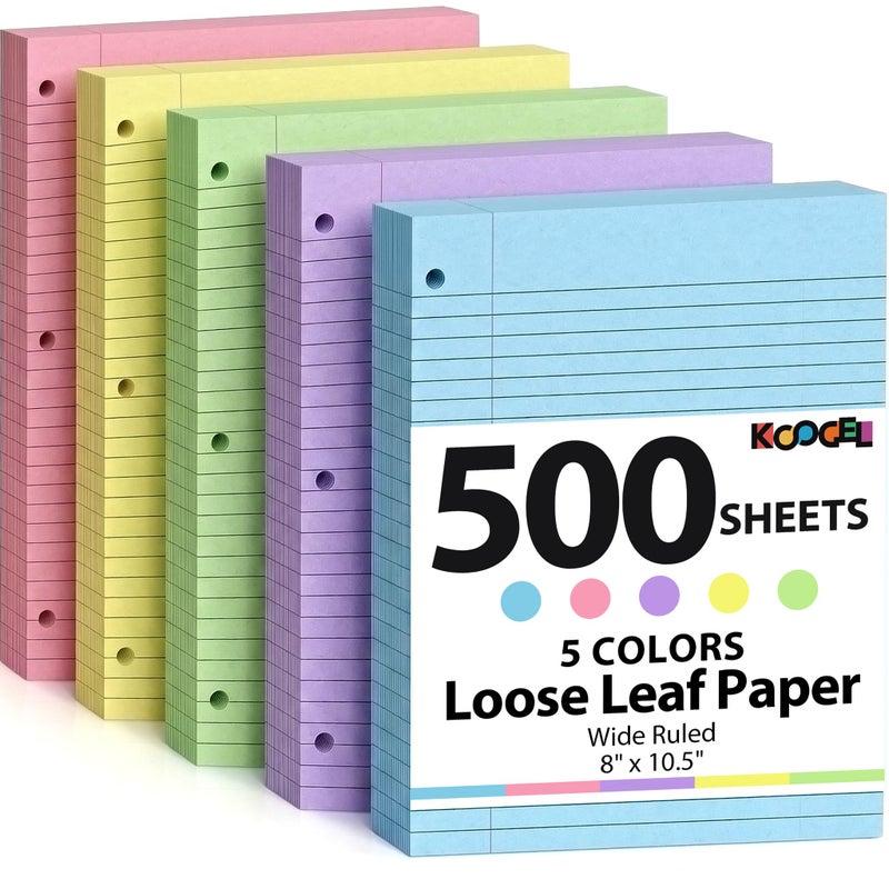 Koogel 500 Sheets Colored Filler Paper, 5 Colors 8 x 10-1/2 Inch Wide Ruled, 3-Hole Punched, Loose Leaf Notebook Paper for 3 Ring Binders, for Students & Office, School Supplies - Image 1