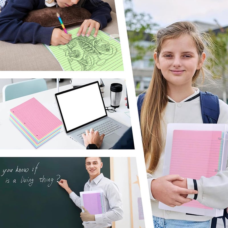 Koogel 500 Sheets Colored Filler Paper, 5 Colors 8 x 10-1/2 Inch Wide Ruled, 3-Hole Punched, Loose Leaf Notebook Paper for 3 Ring Binders, for Students & Office, School Supplies - Image 3