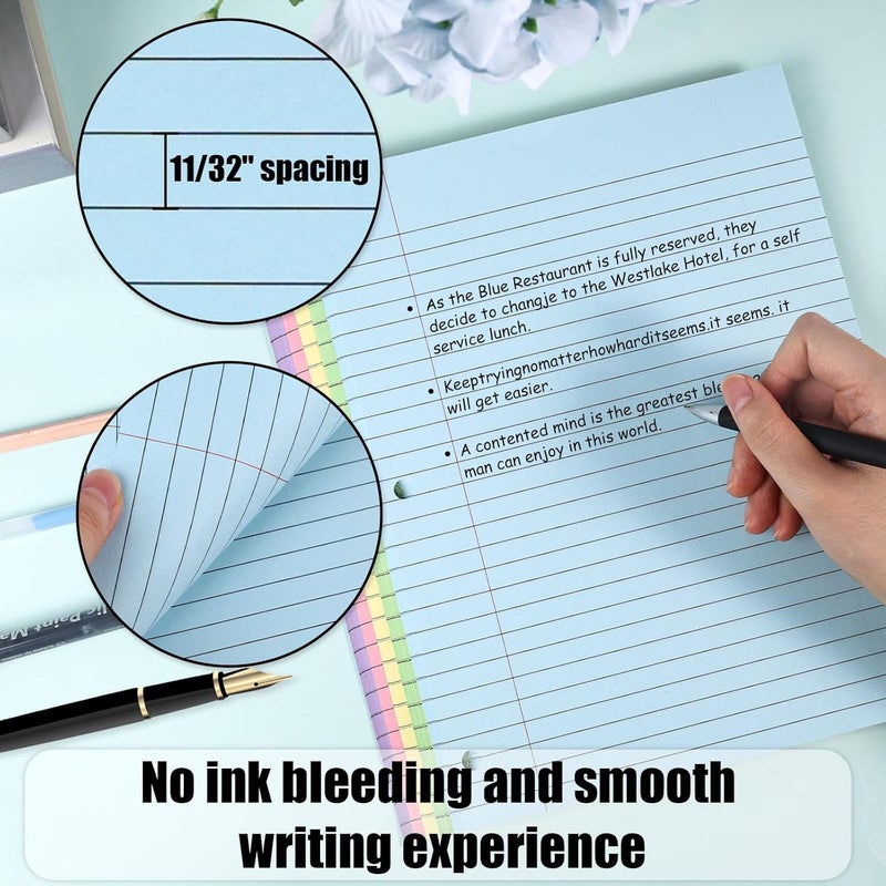 Koogel 500 Sheets Colored Filler Paper, 5 Colors 8 x 10-1/2 Inch Wide Ruled, 3-Hole Punched, Loose Leaf Notebook Paper for 3 Ring Binders, for Students & Office, School Supplies - Image 4