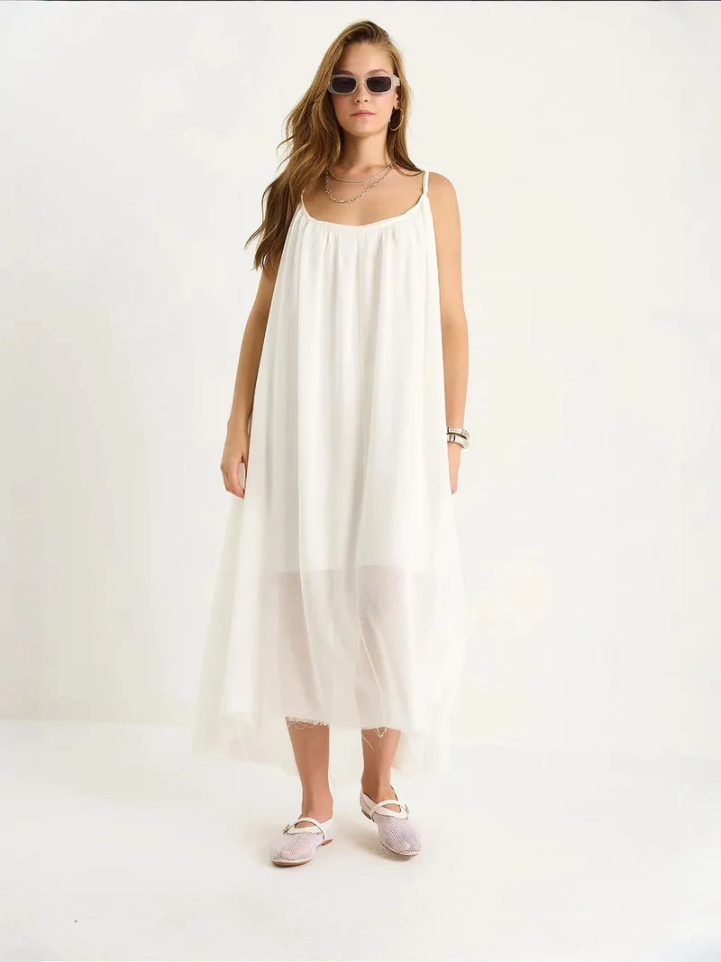 Bianco Lucci LUCCI Striped Midi Dress with Crew Neck