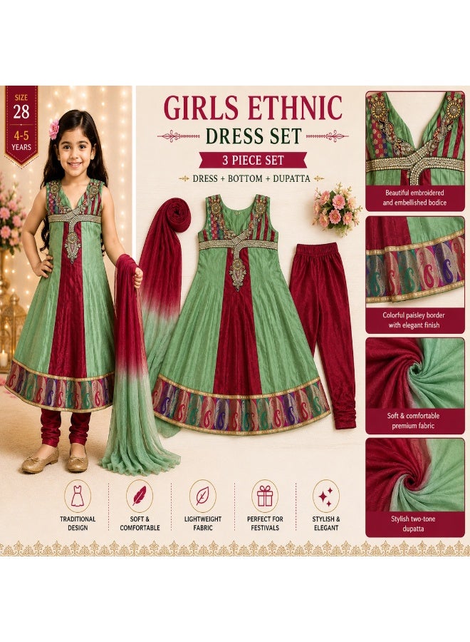 JOLLITY LLC Girls Ethnic Dress Set for 4–5 Years, Size 28 | 3-Piece Traditional Partywear Set with Dress, Bottom & Dupatta | Green & Maroon - Image 2