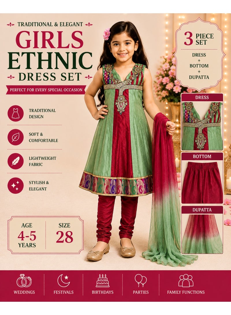 JOLLITY LLC Girls Ethnic Dress Set for 4–5 Years, Size 28 | 3-Piece Traditional Partywear Set with Dress, Bottom & Dupatta | Green & Maroon - Image 1