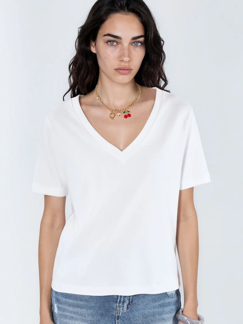 بوسيم BUSEM V-Neck Solid Regular Fit Cotton T-Shirt