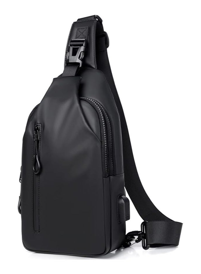 Generic Crossbody Sling Bag, Body Chest Shoulder Bag for Men Women Casual Shoulder Backpack Bag, Waterproof Leather Chest Casual Daypack with Usb Charging Port for Travel Hiking(black)  - Image 2