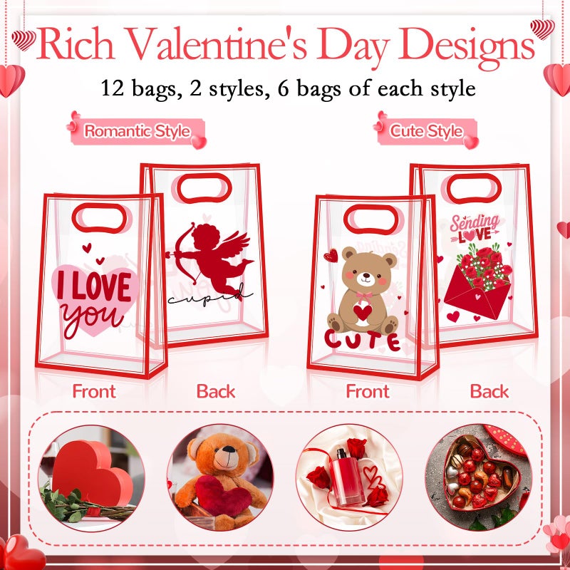 Aliceset 12 Pack Valentine's Day Gift Bags with Handles Red Heart Cupid Clear Goodie Treat Bags with Bow Ribbon for Couple Dating Anniversary Flowers Gift Giving Favors, 10x7x3.15'' - Image 3