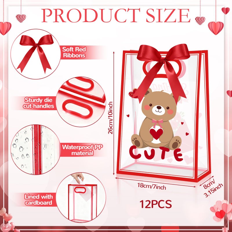 Aliceset 12 Pack Valentine's Day Gift Bags with Handles Red Heart Cupid Clear Goodie Treat Bags with Bow Ribbon for Couple Dating Anniversary Flowers Gift Giving Favors, 10x7x3.15'' - Image 2