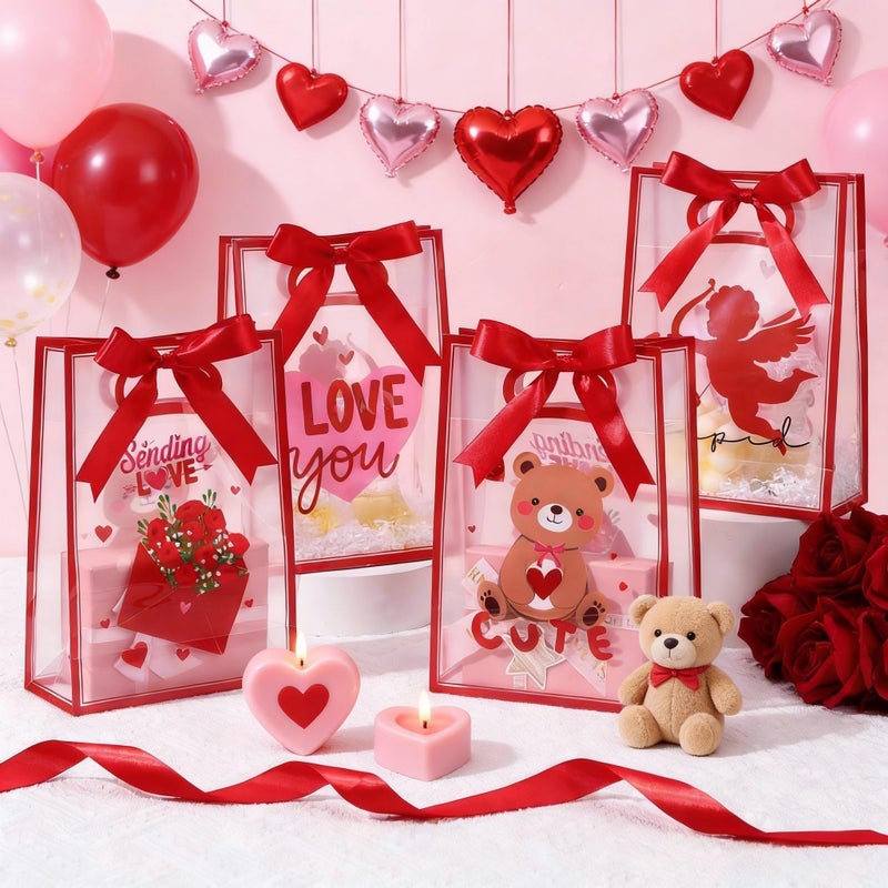 Aliceset 12 Pack Valentine's Day Gift Bags with Handles Red Heart Cupid Clear Goodie Treat Bags with Bow Ribbon for Couple Dating Anniversary Flowers Gift Giving Favors, 10x7x3.15'' - Image 4