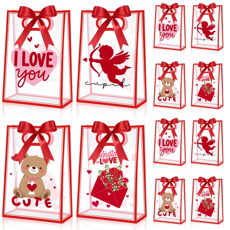 Aliceset 12 Pack Valentine's Day Gift Bags with Handles Red Heart Cupid Clear Goodie Treat Bags with Bow Ribbon for Couple Dating Anniversary Flowers Gift Giving Favors, 10x7x3.15'' - Image 1