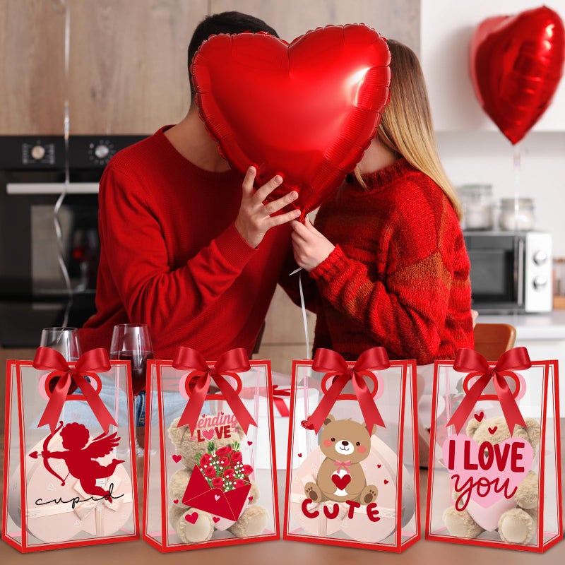 Aliceset 12 Pack Valentine's Day Gift Bags with Handles Red Heart Cupid Clear Goodie Treat Bags with Bow Ribbon for Couple Dating Anniversary Flowers Gift Giving Favors, 10x7x3.15'' - Image 5